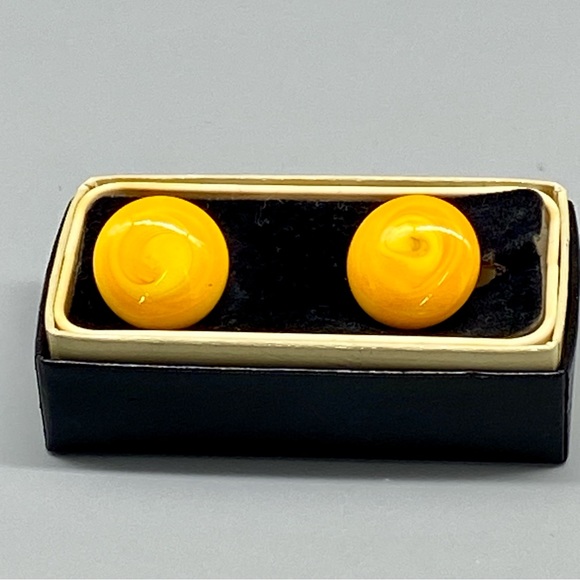Vintage Art Glass Cuff Links Orange Yellow Swirls Handmade Blown Glass - Picture 10 of 15